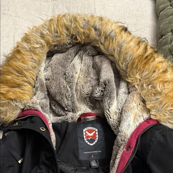 Madison Black Coat with Faux Fur Hood - Picture 4 of 14